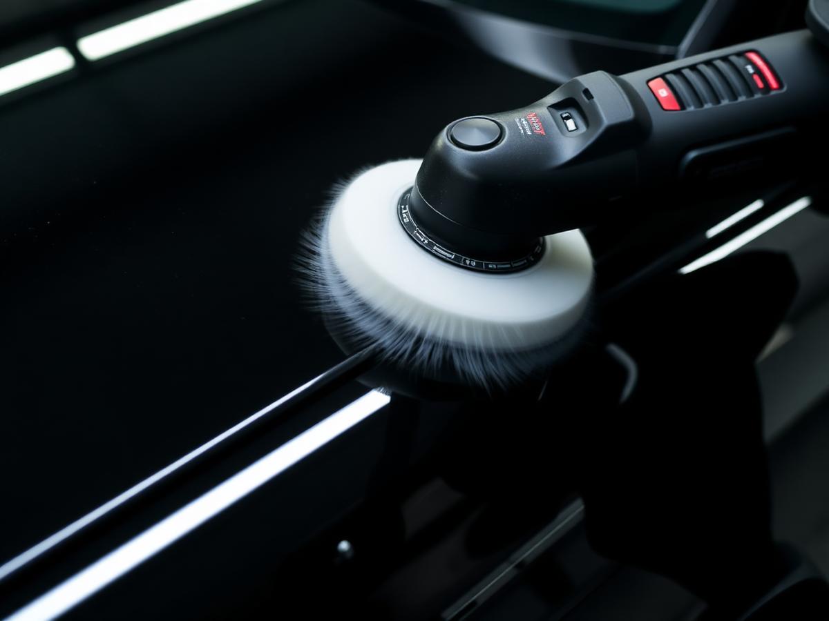 Machine polishing black paint during a paint correction service